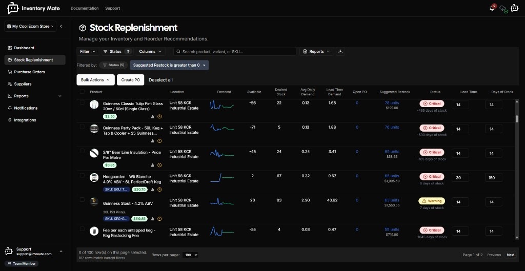 Inventory Mate Stock Replenishment screen with product table and filters
