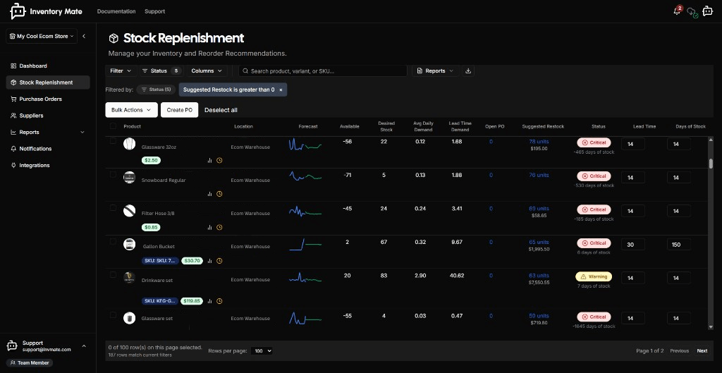 Inventory Mate Stock Replenishment screen with product table and filters